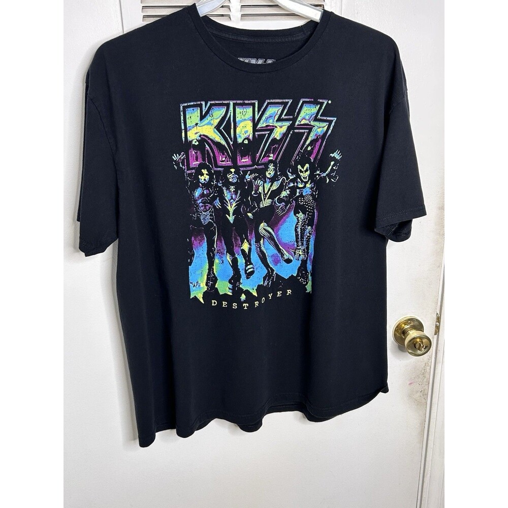KISS Destroyer Shirt Mens 2XL XXL Black Neon Graphic Rock Band Tee Short Sleeve